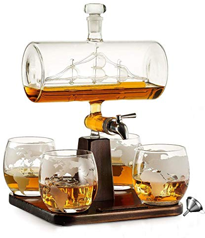 YZJSSL Whisky-Dekanter-Schiffs-Set, 1000 Ml Karaffe Alkoholspender Mit 4 Gläsern, Kiefernboden Und Edelstahl-Wasserhahn, Geschenk Für Papa, Ehemann Oder Freund
