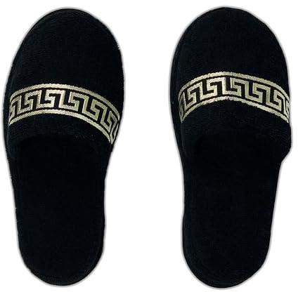 Belle Arti Chaussons d'hôtel en tissu éponge - Design méandre - Noir et doré - Pour homme et femme - 100 % coton éponge, individuel, Large