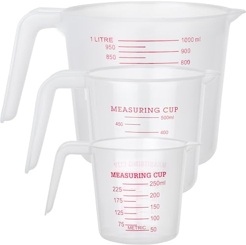 ISOLATECH Set di misurini in plastica piccolo, 250 ml, 500 ml, 1 l, con diverse scale, resistente al calore, trasparente, bianco, per cottura a tazze, per prodotti chimici, per auto, cucina,