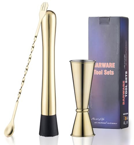 Gbuxska Pestello dorato per cocktail, cucchiaio da bar da 25,4 cm, 28,3 g, 56,7 g, doppio jigger, set di 3 strumenti per miscelare bevande