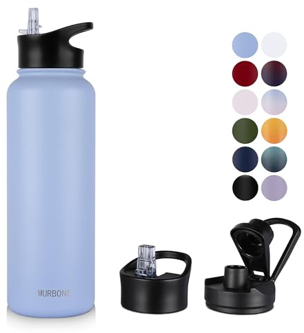MURBONE Edelstahl Trinkflasche 1.2L (+2 Deckel)-mit Strohhalm,BPA frei,Thermosflasche Auslaufsicher,Kohlensäure Geeignet,Thermoskanne Vakuum Doppelwandisolierung für Sport, Reisen, Camping