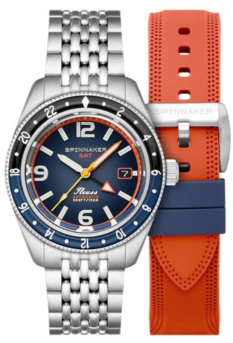 Spinnaker Fleuss GMT SP-5120 Montre automatique pour homme avec bracelet en acier inoxydable massif 43 mm, bleu foncé, Bracelet