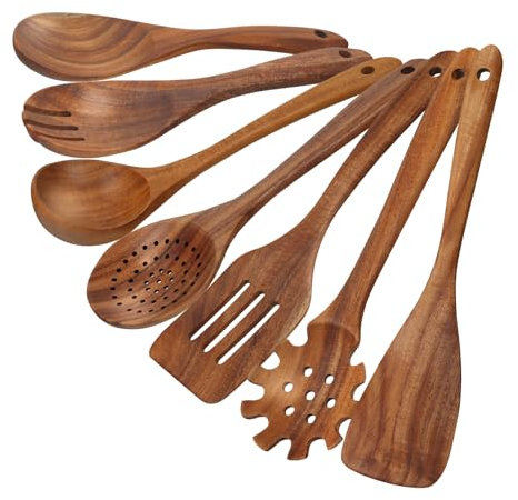 comfoyar Teck Ustensiles de Cuisine Bois, Set de 7 Cuillère en Bois pour la Cuisson avec Spatula et Ladle, Lot de Cuillere Ustensile Résistance à la chaleur Convient pour Poêles Antiadhésives