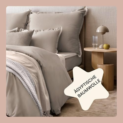 Amqua ägyptische Baumwolle Bettwäsche 200x200 Mako Satin Taupe | Bettdeckenbezug 200x200 inkl. 2er Kissenbezug 80x80 | weiche Bettwäsche einfarbig|atmungsaktiv