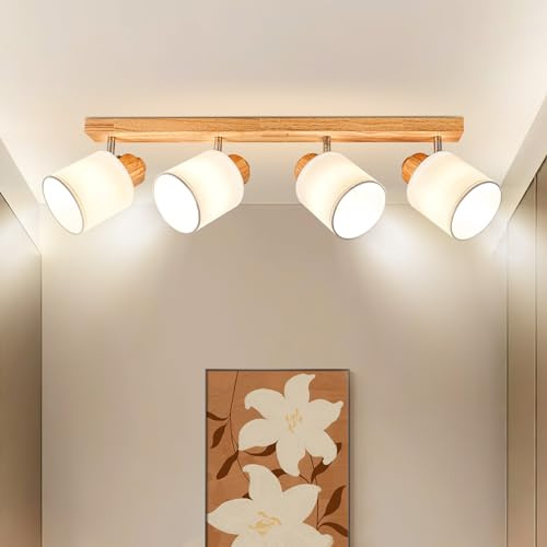 Doughelec Plafoniera Lampada da Soffitto 4 Faretti Orientabili, Legno Faretti da Soffitto Faretto da Parete Vintage Plafoniera 4 Luce E14 Muro per Soggiorno Cucina Cameretta, Lampadina Non Inclusa