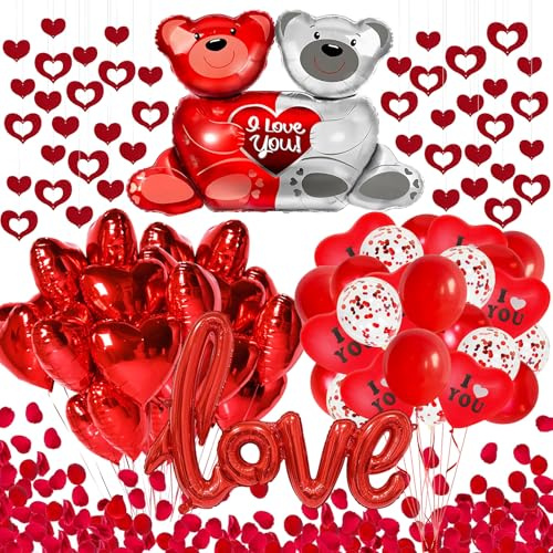 Wlicon Red Love Balloons Kit: 1097 Pcs - Heart Shaped Foil & Latex Balloons, Rose Petals, Hearts Pendants & Ribbons - Valentine's Day, Wedding, Romantic Celebrations - Couples, Adults