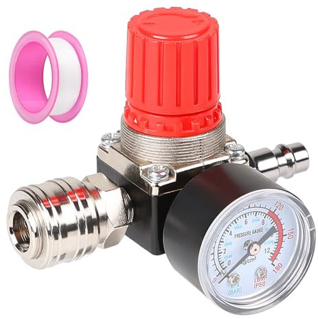 CPROSP Réducteur de Pression d'Air Comprimé 1/4 avec Manomètre 175 PSI 12 Bar 3 Trous, Détendeur Pneumatique avec Bande Téflon, Vanne de Régulation de Pression pour Compresseur d'Air