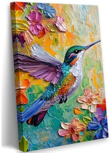 2D No Texture Colorful Painting Hummingbird Canvas Wall Art, Spring Flower Wall Decor, Hummingbird Picture for Wall Living Room Bathroom Bedroom Home Decoration 12*18 in (Stretched Canvas on A Wooden Frame)