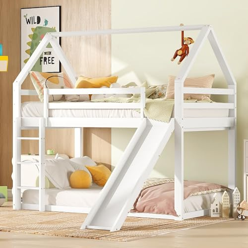 NovaFurnish Letto singolo per bambini, letto a castello con scivolo e scala, 90 x 200 cm, bianco