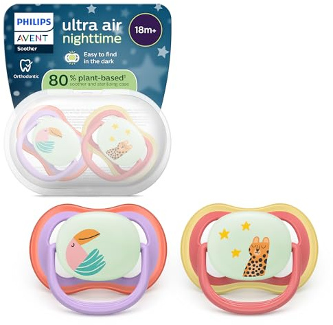 Philips Avent Sucettes de nuit ultra air - Tétines orthodontiques, pour bébés de 18 mois et plus, phosphorescentes, en silicone ultra-ferme d'origine végétale, sans BPA, lot de 2, SCF376/33