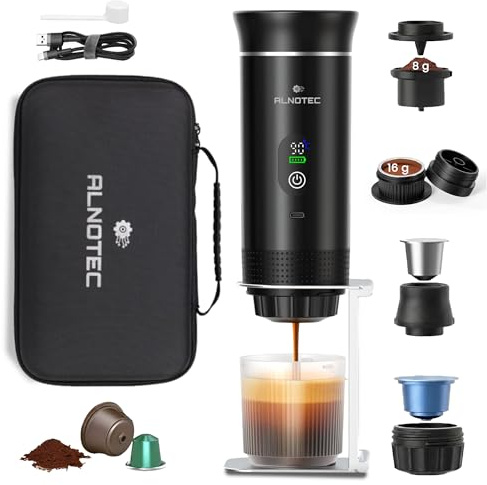 Machine à Café Portable Électrique 20 Bar Auto-Chauffante – 3 EN 1 Compatible Capsules NES®, DG® et Café Moulu – 2 Adaptateurs Café Moulu 8g/16g – LED – USB-C – Sac+Support. (NOIR avec Bouchon évasé)