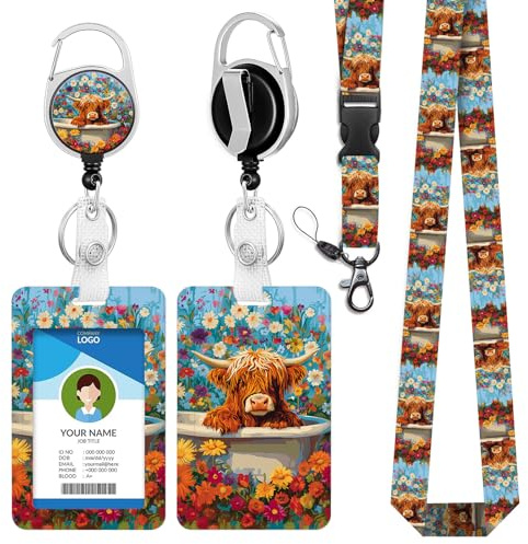 bolimoss Highland Cows Lanyards with Card Holder Cute Watercolor Floral Lanyards for ID Badge Breakaway Adjustable Lanyard Retractable Keychain for Women Girls Kids Teacher Student Nurse