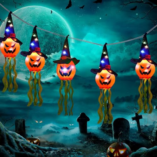 Aitsite Halloween Deko Outdoor – 5 Stück Hängende Kürbisse mit Hexenhut, Halloween Lichterkette Beleuchtet, Aufhängbare Kürbis Dekoration für Party Indoor & Outdoor