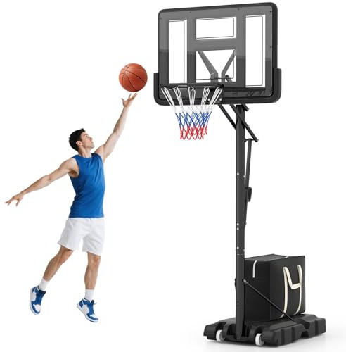 COSTWAY Canestro da Basket da Esterno, Canestro Basket Portatile e Regolabile in Altezza da 1,5 a 3 M con Tabellone in PC da 111 cm, Base Riempibile, Borsa per Pesi e Ruote