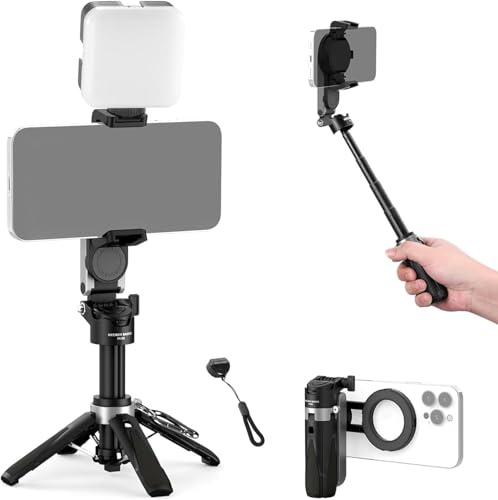 NEEWER Basics Magnetic Selfie Stick Tripod Compatible con Magsafe iPhone Samsung Android, Grip Soporte Móvil Portátil Escritorio Extensible con Remoto Desmontable para Grabación Video, PA985 Negro