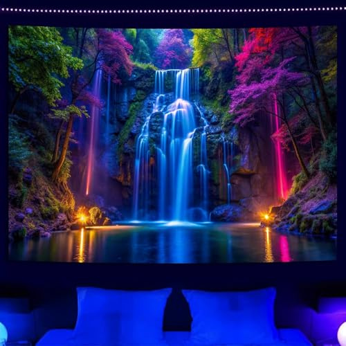 Simpkeely Schwarzlicht Wasserfall Wandteppich – UV Reaktiver Leucht-im-Dunkeln Neon Wald Wandbehang, Lebendige Natur Landschaft Wonderland für Schlafzimmer, Wohnzimmer Dekor – 240 x 320 cm