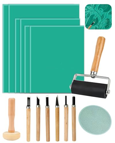 Lino Printing Kit, 6PCS Lino Sheets (A4/A5/A6) with Lino Cutting Tools | Incl. 6 Carving Cutters, Brayer Roller, Wooden Mushroom & Printmaking Mat for Engraving Printmaking DIY Stamp Art Craft