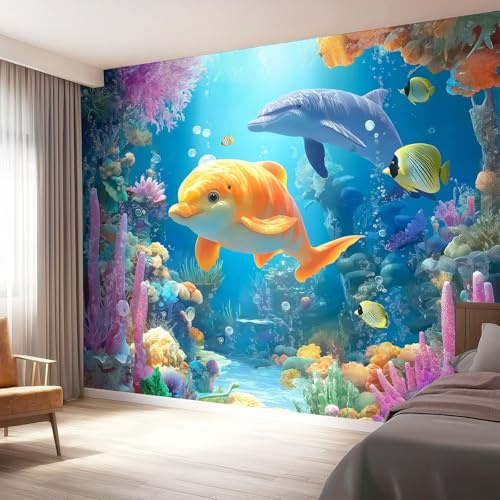 Wallpaper Mural Photo 350 x 256(WxH) – Marine Animals Fish Fantasy Removable Wall Mural for Bedroom Kids Room Home Office or Creative Space Decoration Blue