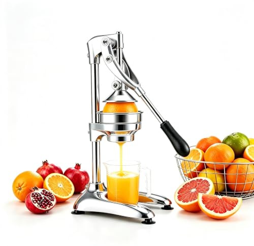 Saftpresse Manuell Edelstahl, Zitruspresse mit Hebel aus 304 Edelstahl | Handentsafter Fruchtpresse mit 2 Pressköpfen (12,5 cm) für Orangen Zitronen Granatapfel Grapefruit