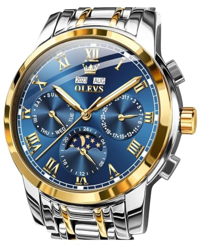 OLEVS Blaue automatische Herrenuhren, goldene selbstaufziehende mechanische Business Luxus-Armbanduhr aus Edelstahl mit Mondphase, wasserdicht, Leuchtend, mit Kalender für Männer