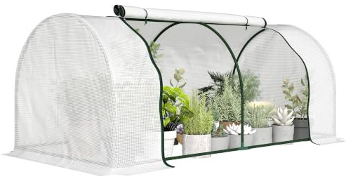 Outsunny Serra da Giardino 2x1x0.8 m con Finestre Avvolgibili Bianco | Serra per Orto, Struttura in Acciaio, Copertura PE, per Orto Verdure Fiori Frutta, Anti UV