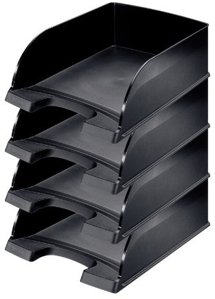 Leitz Briefkorb A4 Jumbo 4er Pack, Briefablage mit extra großem Fassungsvermögen in Premium-Qualität, Stapelbare Ablagefächer als Schreibtisch-Organizer, Kombinierbar mit Plus-Serie, Schwarz, 52330095