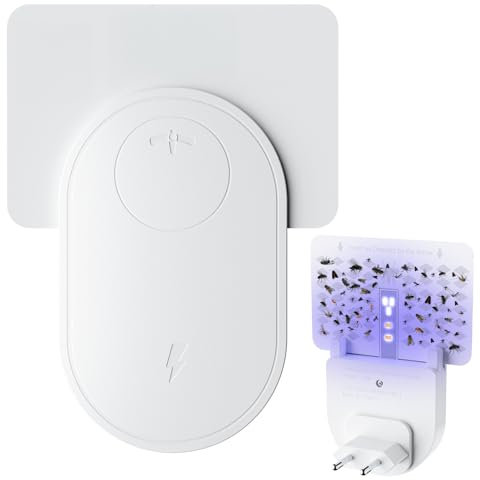 2 Trampa para Moscas de la Fruta de Interior, Mata Moscas Enchufable, Sin Olor, luz UV+LED Ajustable, 2 Atrapa Moscas de la Fruta + 12 Tarjetas Adhesivas + 4 Mini Trampas para Aspanta Moscas