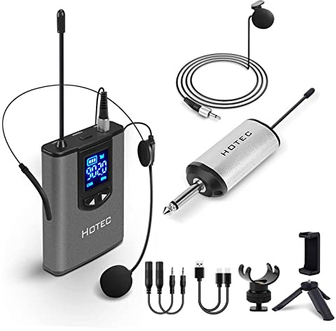 HOTEC UHF Wireless Headset Microphone/Lavalier Lapel Mic with Bodypack Transmitter and Mini Rechargeable Receiver 1/4 Output for Vlogging or Speech