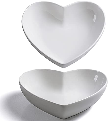 Ceramic Large Bowl White Set of 2, Heart Shaped Salad Bowl/Fruit Bowl/Soup Bowl for Desserts/Pasta/Dinner, 1 Litre