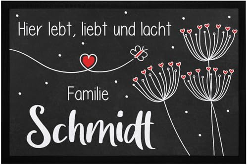 SpecialMe® Fußmatte mit Namen Pusteblumen Hier lebt liebt und lacht Familie [Familienname] rutschfest & waschbar Weiss 60x40cm