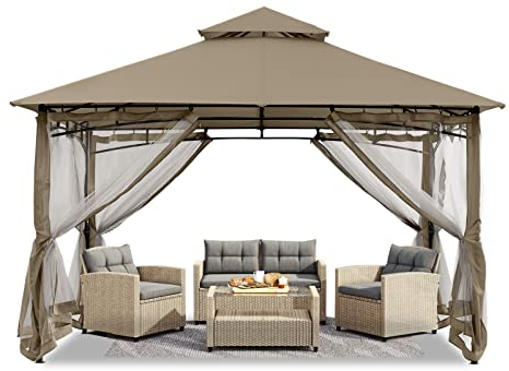 ABCCANOPY 2.5x2.5m Gartenpavillon für Terrasse Doppeldachweichdach Garten Hinterhof-Pavillon mit Netz für Schatten und Regen,Khaki
