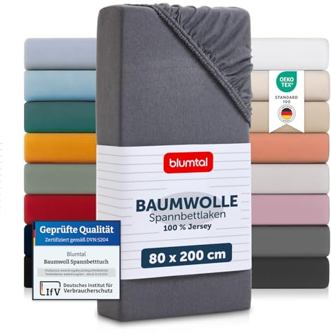Blumtal Bomullslakan 75/80 x 200 cm - 100% Bomull, Buntlakan Jersey, upp till 25 cm madrasshöjd, Grå
