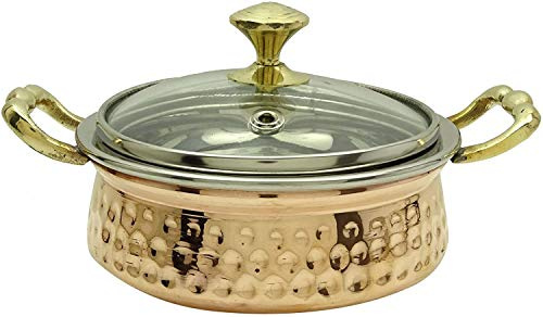 OSNICA 1 Bol Handi en acier cuivré avec couvercle en verre, pour servir les plats, vaisselle de service indienne en cuivre martelé 15 CM