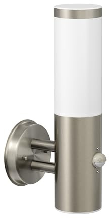 ledscom.de Wandleuchte PORU für außen, IP44, Bewegungsmelder, Edelstahl, edelstahl matt, rund, 1x E27 max. 15W