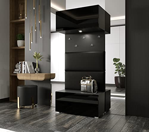 Furnitech GF77 Flur Dielenmöbel Garderobenschrank Dielenschrank Schuhschrank Flurmöbel Set Spiegel Hochglanz (LED RGB 16 Farben, GF77-21B-HG1 Schwarz)