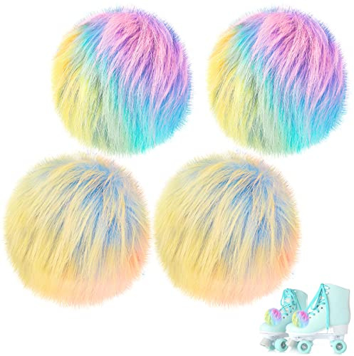 Gejoy 4 Pieces 4 Inch Large Roller Skate Pom Poms with Bells Fluffy Tie-on Roller Skates Pom Poms Rollers Skate Accessories for Women(Gradient Pink, Gradient Blue)