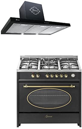 GURARI Gas Standherd, Herdset GCH E 914 BL r + GCH F 461 BL 9, Retro Backofenset 90 cm, Range Coocker 121 L, Schwarz + Dunstabzugshaube, Wandhaube 90 cm, Schwarz, Flachpanel Haube, Abluft/Umluft