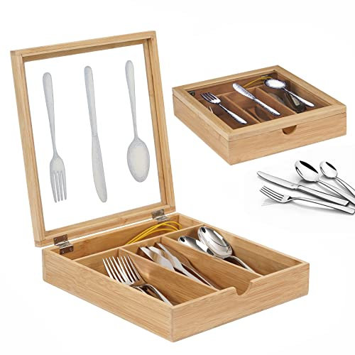 WPAJIRZO Besteckkasten mit Deckel aus Holz - 4 Fächer Besteckbox für Küche, Schublade & Camping - Praktischer Besteck Organizer für Messer, Gabeln, Löffel