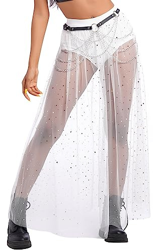 Festival Outfit Damen Rave Techno Sexy 2 in 1 Transparent Mesh Rock Shorts High Waist Maxirock Y2K Glitzer Sterne Pailletten Gothic Tüllrock Teenager Mädchen Party Streetwear Clubwear Weiß L