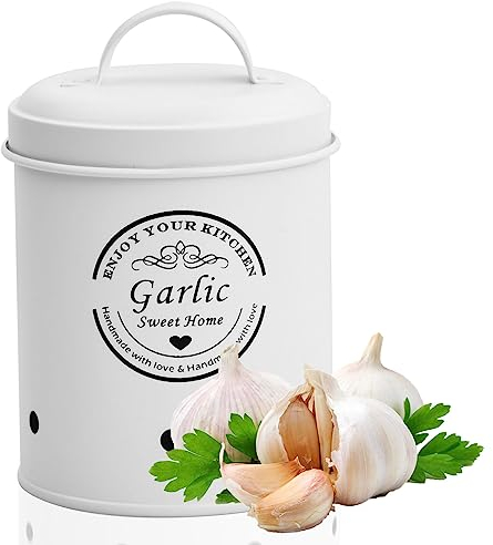 Fangehong 1 Pack Potato, Onion & Garlic Kitchen Storage Canisters, Vintage Vegetable Storage Tins with Lid, Metal Food Canister with Aerating Holes, Farmhouse Counter Pot (Garlic White)