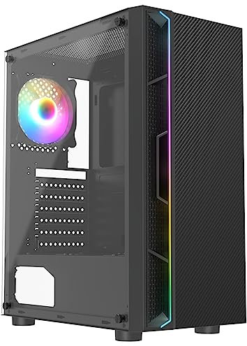 CiT Galaxy Mid-Tower PC Gaming Case ATX with RGB Rainbow LED Strip & Tempered Glass Side Panel with 1 Rear RGB Rainbow Fan Included | Black
