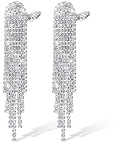 Clip on Earrings for Women, Kucheed Rhinestone Tassel Drop Dangle Earrings Silver Chandelier Earrings, Lightweight Non Pierced Ear Studs Long Crystal Fringe Earrings Jewelry for Wedding Party (A2)