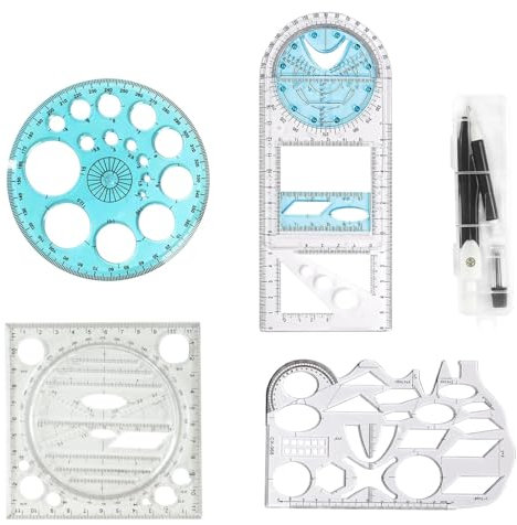 TECKI 5 Stüke Geometrie Set - Zirkel + Multifunktionales Geometrisches Lineal Winkelmesser, Grundschule Zubehör, Geeignet zum Lernen Malen Architekturzeichnen, Schreibwaren für den Schulanfang