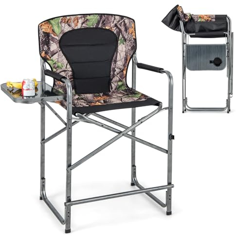 KOMFOTTEU Silla de camping con mesa lateral y soporte para vasos, silla plegable con reposapiés, silla de caza plegable hasta 150 kg, silla de pesca plegable para camping, caza, WY00161DE