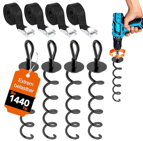 NewHabitat 4X Erdanker Bodenanker Stahl 38cm Schwarz – für Trampolin & Zelt | Erdanker Set inkl. Spanngurte für Trampolin, Pavillon, Zelt, Schaukel & Sonnensegel, 9-teilig, extra stabil & wetterfest