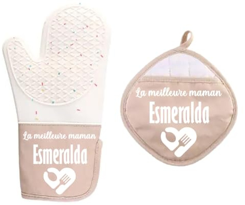 Ensemble de Gants de Cuisine personnalisés, Gants de Four individuels avec Votre Texte, Cadeau pour Anniversaire, fête des mères et des Grand-mères, Gants de Cuisine, Gant en Silicone (Beige)