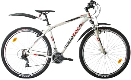 Multibrand Velotec Pro Bicicleta de Montaña de Aluminio 29 Pulgadas, 21 velocidades, V-Brake, Unisex, Adecuada para 175–190 cm (Blanco con Rojo y Negro)