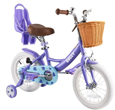 RULLY Grape Kids Bike 14 Inch Bicycle for Girls Ages 3 4 5 Years, Training Wheels Included, Girl Bikes with Basket & Doll Seat,Pink