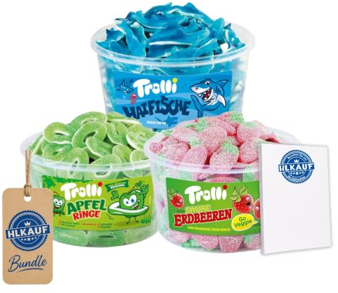 HLKauf-Bundle Trolli Dosen Diverse Sets 1er 2er 3er 4er Set Büro Party Mischpaket Grosspackung 1xErdb.1xHaifische1xApfelRinge & 1xHLKauf-Block