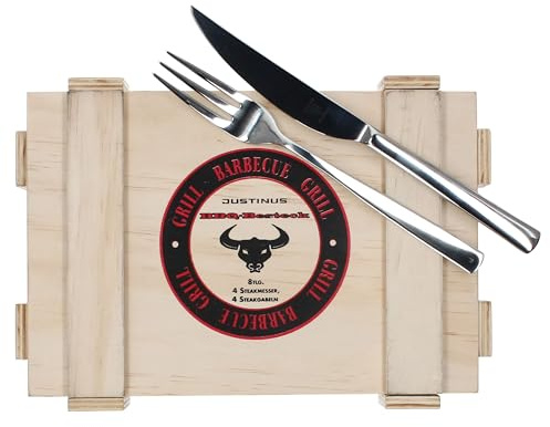 Justinus BBQ Steakbesteck 8tlg Set I für 4 Personen I Steakgabel & scharfe Steakmesser I Grillbesteck aus poliertem 18/10 Edelstahl inkl. Holzkiste I Geschenkverpackung